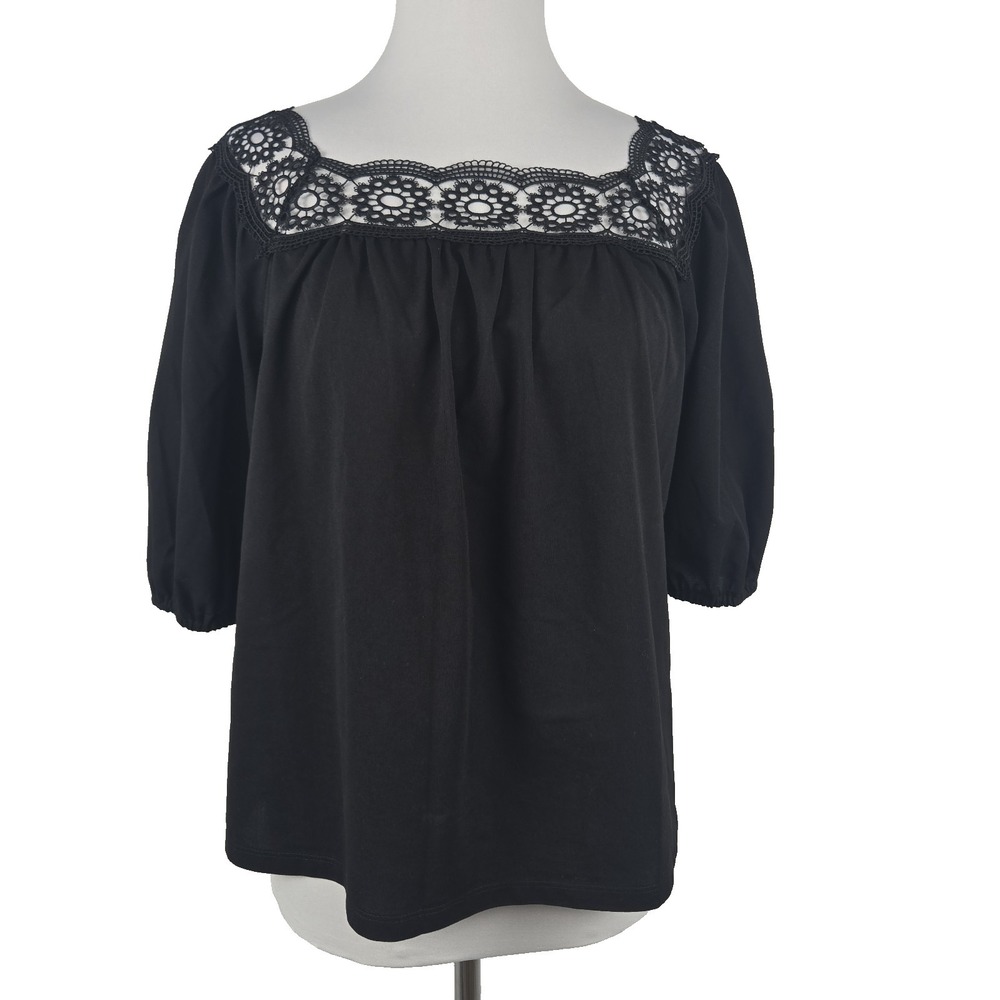 Ann Taylor Medium Black Jersey Crochet Lace Neckline Half Sleeve Top